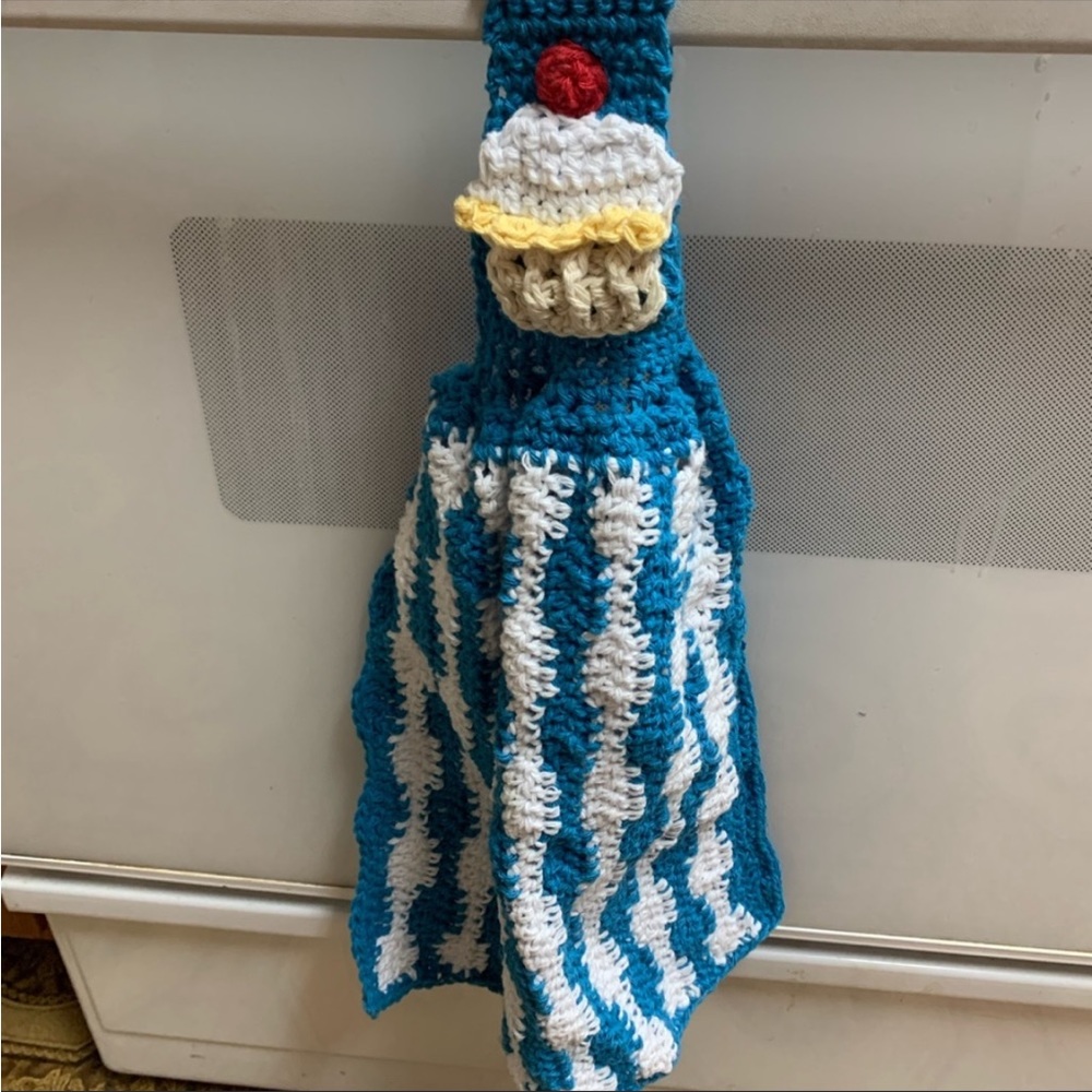 Cupcake Kitchen Towel Turquoise and White Wave Hanging New Handmade